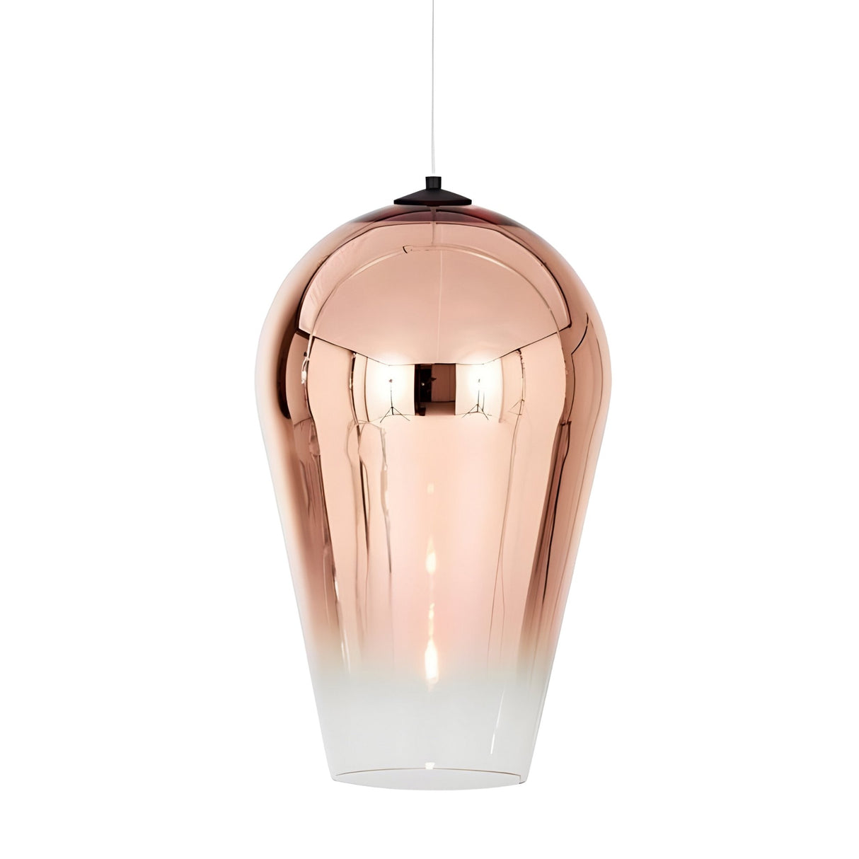 The Slice Glass Pendant Light - Copper features a modern, shiny rose gold dome that tapers to frosted white glass at the base, offering soft ambient light with its sleek metallic design.