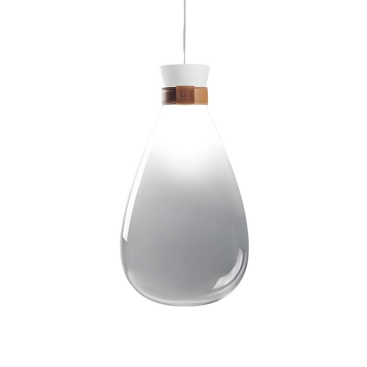The Soffi Medium Glass Pendant Light - Clear features a handcrafted teardrop-shaped glass shade, white at the top and clear at the bottom, suspended from a white cord with a brown leather accent—ideal for adding minimalist elegance to modern spaces.