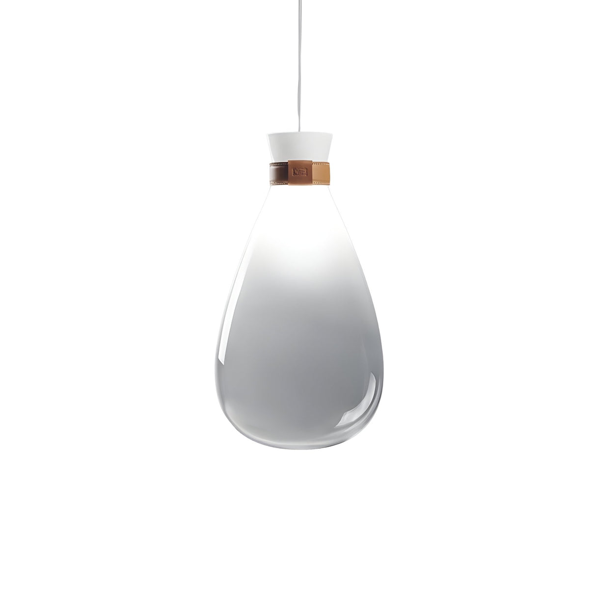 The Soffi Small Glass Pendant Light - Clear features a modern teardrop-shaped clear glass shade, suspended by a white cord with a white cap and tan leather accent—ideal for handcrafted style in minimalist lighting schemes.