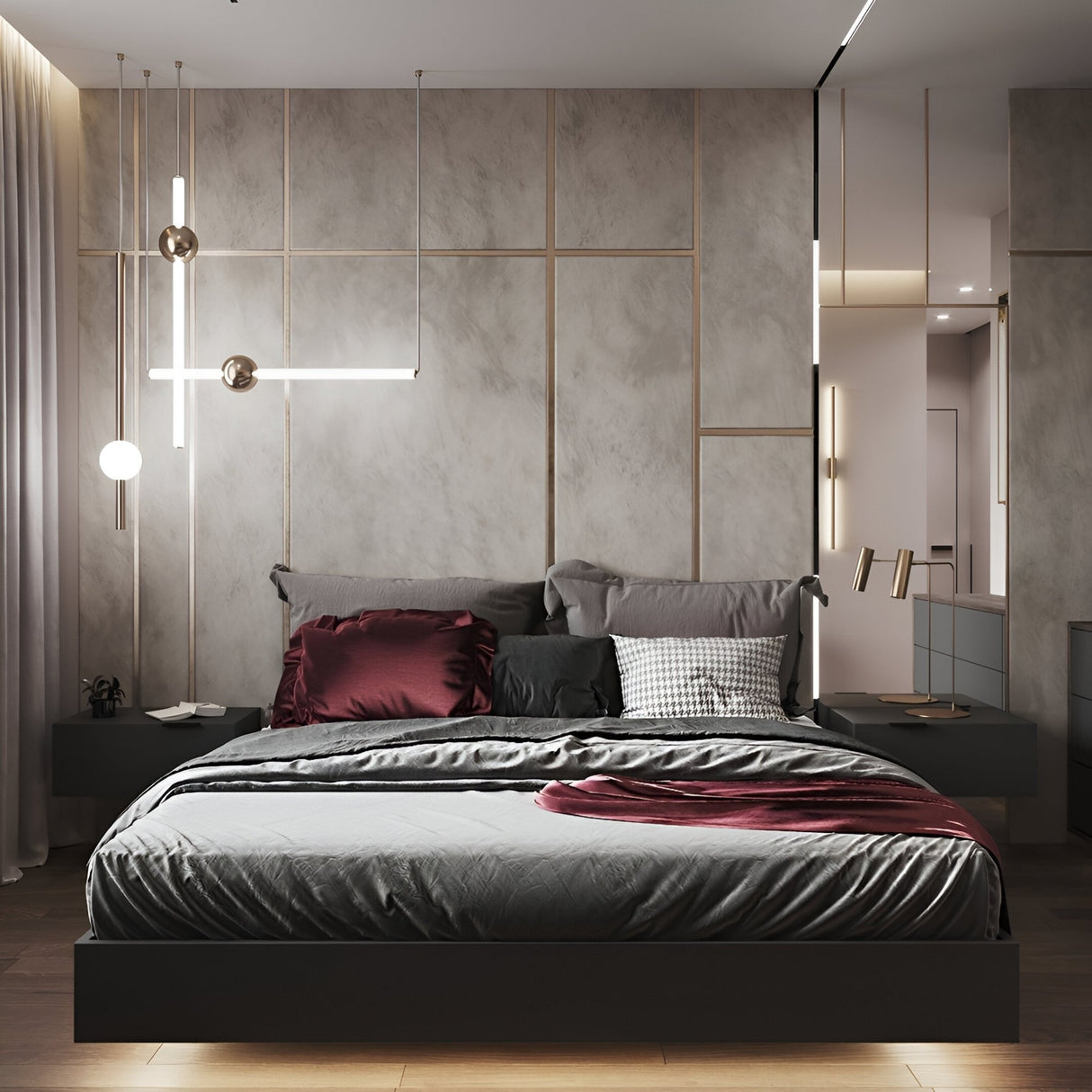 Modern bedroom with a large bed featuring dark gray and burgundy bedding, minimalist design, Sottile LED Horizontal Suspension Light - Gold, textured wall panels, and soft ambient lighting.