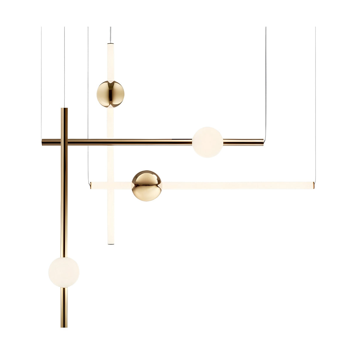 The Sottile LED Combination Suspension Light – Gold features intersecting metal rods, white spherical glass bulbs, and a contemporary gold finish, all elegantly suspended by thin wires for a modern luxury statement.