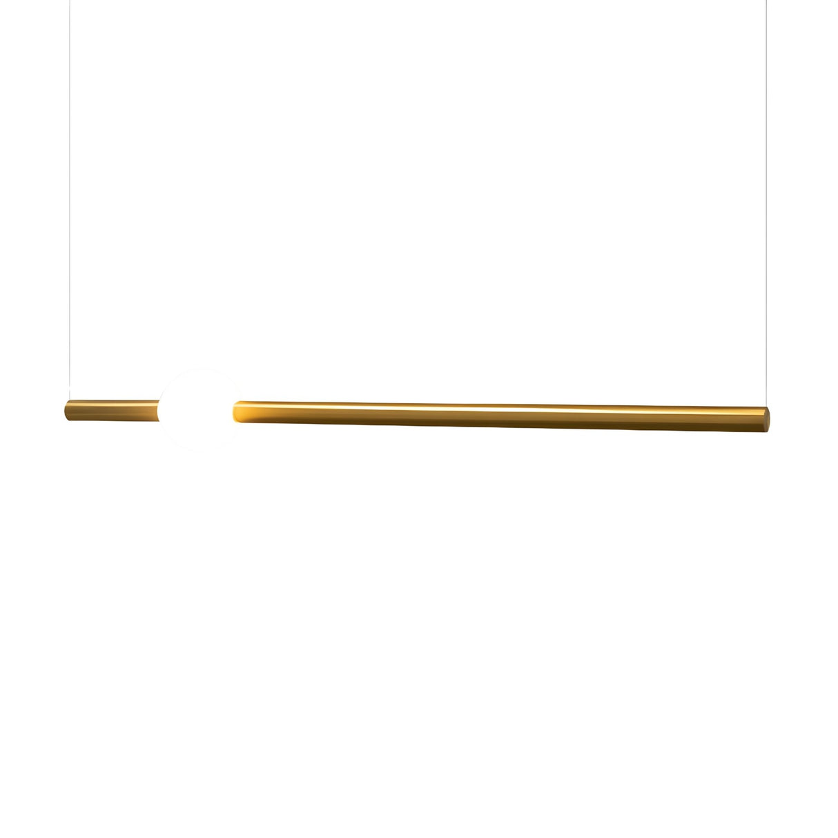 The Sottile LED Horizontal Suspension Light in gold features a minimalist design with two thin suspension wires and a glowing light near the left end, shown against a plain white background.