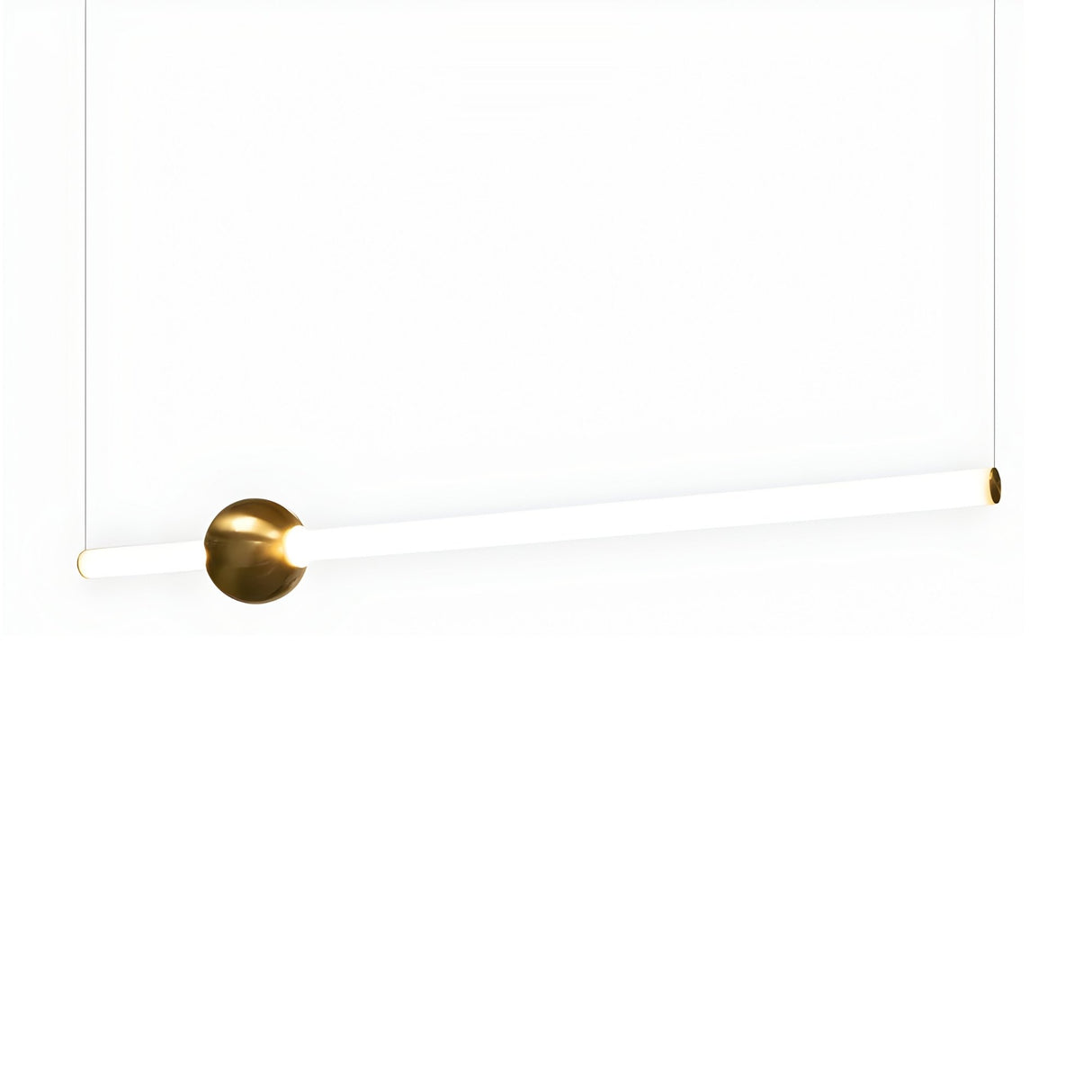 The Sottile LED Horizontal Suspension Light - Gold features a white cylindrical light bar and a round polished gold base, adding minimalist style and creating a sleek statement against a plain white background.