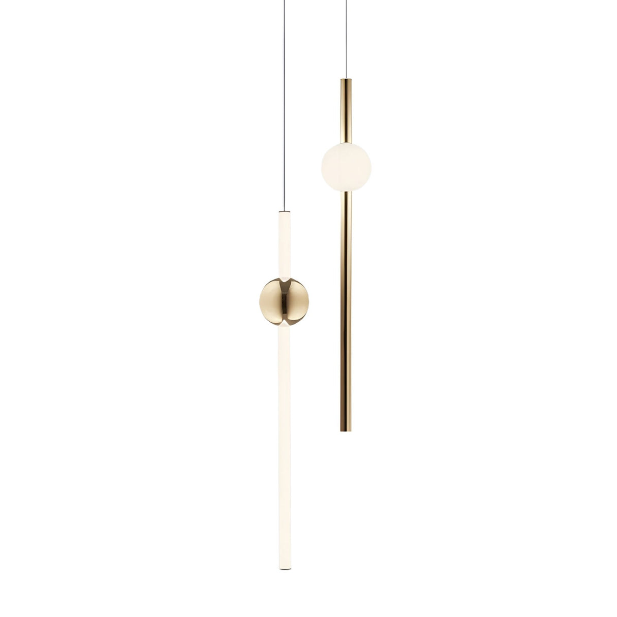 The Sottile LED Vertical Suspension Light - Gold features a sleek, minimalist design with an elongated gold rod and a white sphere near the top, elegantly suspended against a plain white background.