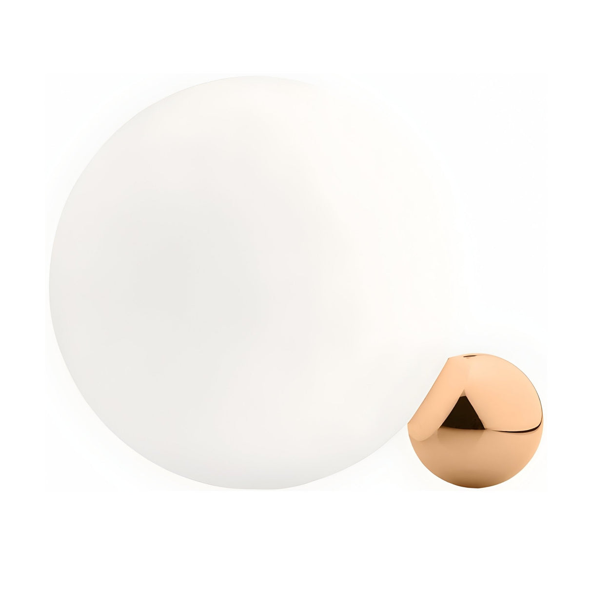 The Soul Table Lamp - Copper features a round white frosted glass globe and a polished copper sphere at its base, embodying modern minimalist design against a plain white background.