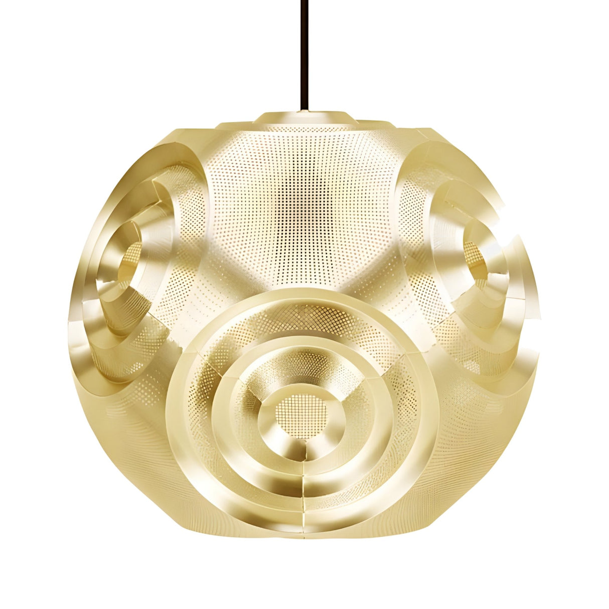 The Space 1 Light Pendant - Gold features a modern spherical design with a perforated gold surface and concentric circles, hanging from a black cord against a white background.