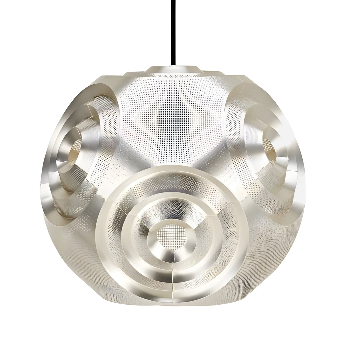 The Space 1 Light Pendant - Silver is a modern, spherical pendant with a metallic finish, circular concentric cut-out patterns, and hangs from a black cord.