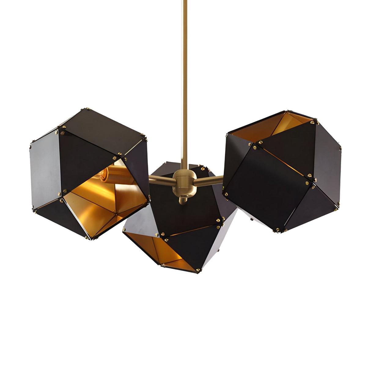 The Spar 3 Light Pendant - Black & Gold features a modern geometric design with three polyhedral black and gold lampshades suspended from a central gold rod, adding contemporary elegance to any space.