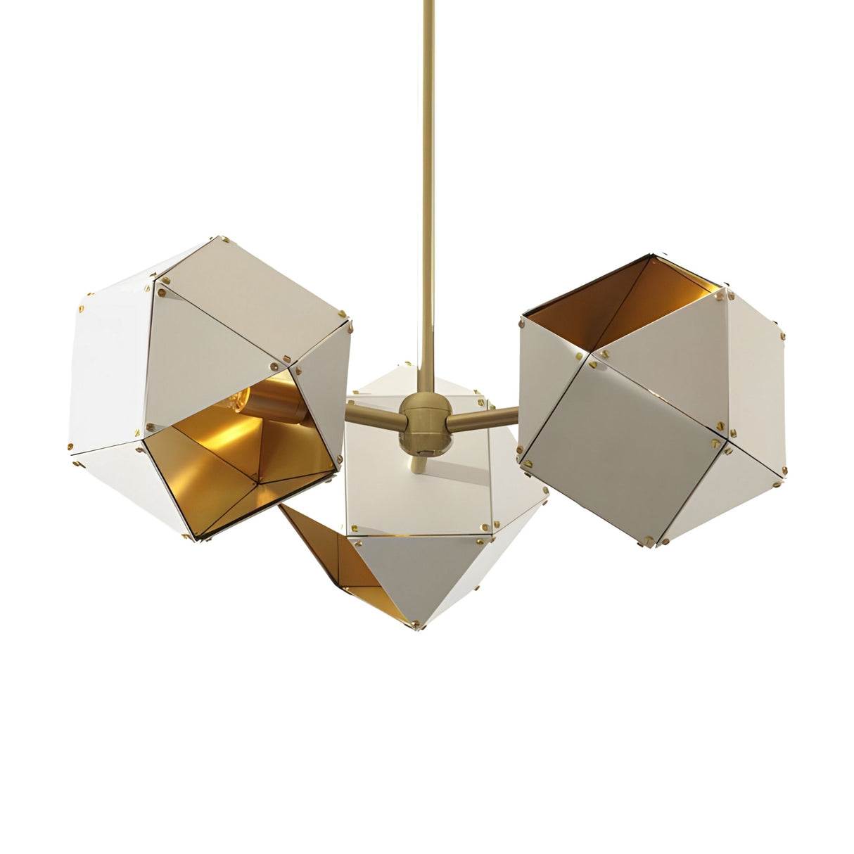The Spar 3 Light Pendant - White & Gold features three hexagonal lampshades suspended from a gold rod. Its angular white panels with gold fasteners add a chic, geometric touch, making it perfect for modern interiors.