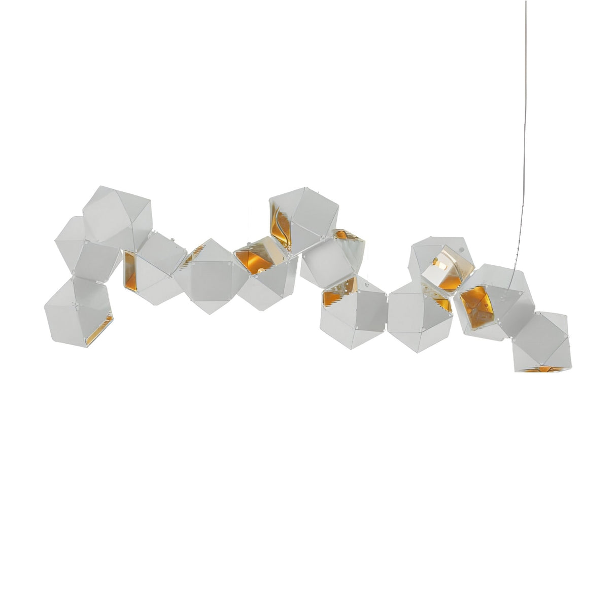 The Spar Linear Suspension Light in white & gold features multiple geometric polyhedrons arranged in a wavy line, casting a warm glow from gold interiors—ideal for bringing modern geometric elegance to any space.