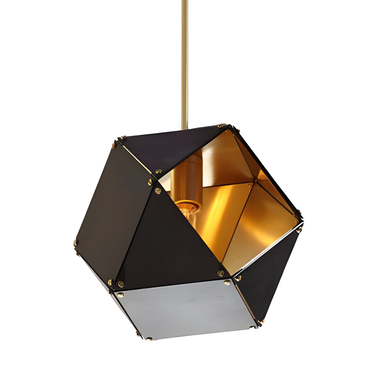 The Spar Single Pendant Light - Black & Gold features a geometric hexagonal metallic shade and brass rod, making it a standout modern lighting fixture with a visible bulb—perfect for contemporary home decor.