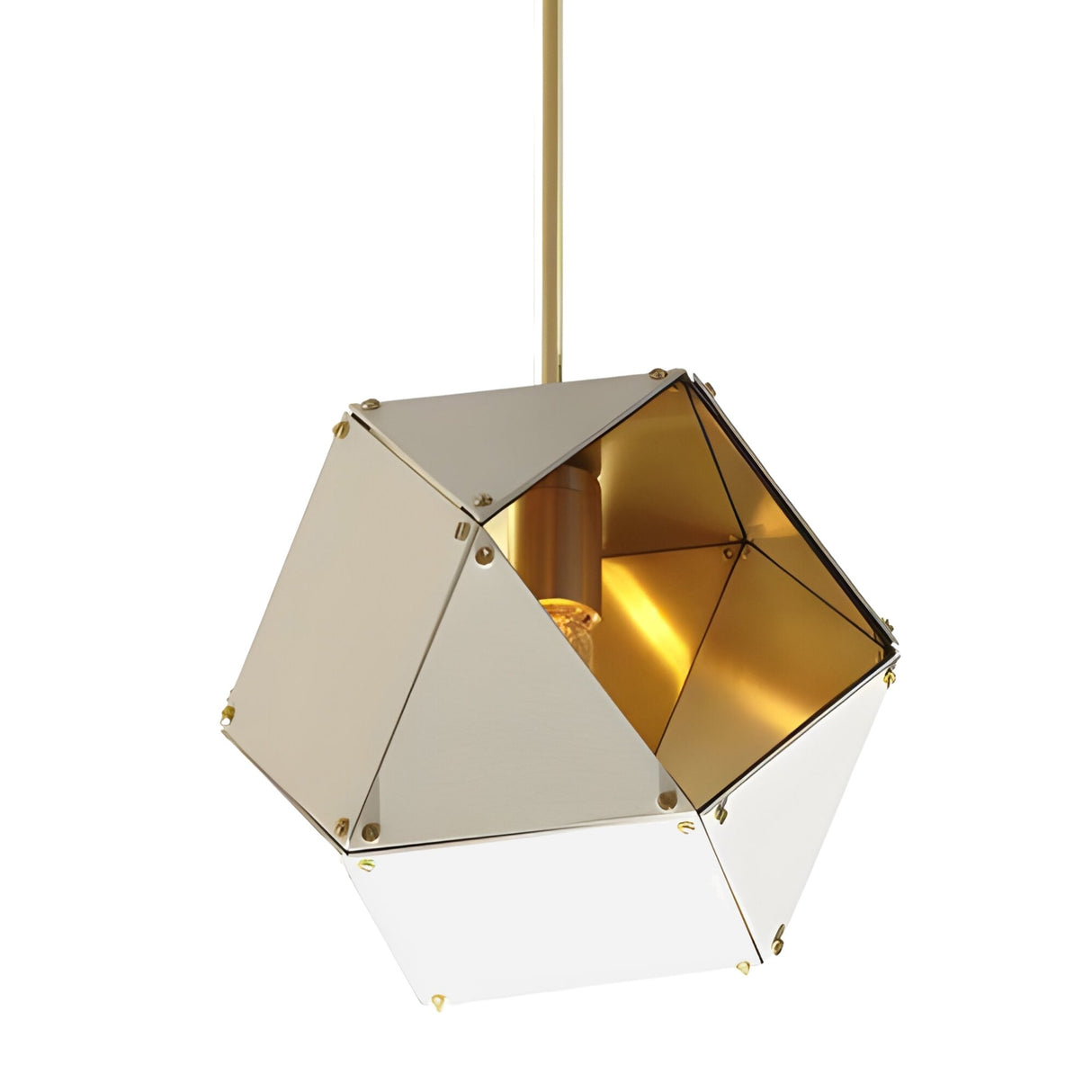 The Spar Single Pendant Light - White & Gold features faceted panels in white and gold, suspended from a brass rod with a partially visible bulb—ideal for adding striking geometric style to modern interiors.