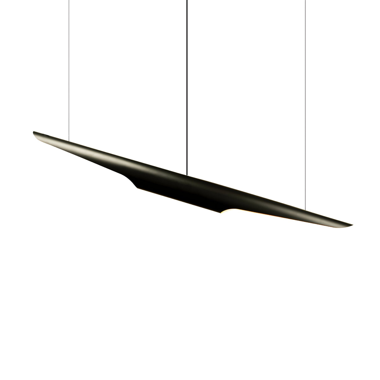 The Stealth 2 Light Linear Suspension in Gold & Black features a sleek, modern wing-like design suspended by two slim cords—an elegant accent for diverse interiors.