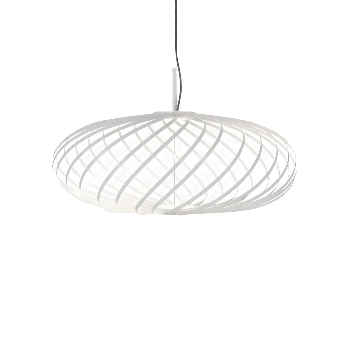 The Swirl Small LED Pendant Light - White features a modern flat, circular design with spiral slats and a minimalist look, suspended from the ceiling by a black cord against a plain white background.