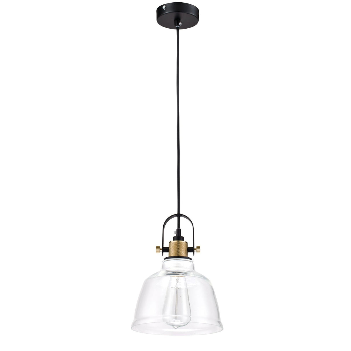 Introducing the Irving Pendant Light - Black & Brass With Clear Glass, featuring a clear glass shade suspended by a black cord and mount with black and brass accents, showcasing its minimalist industrial design beautifully.