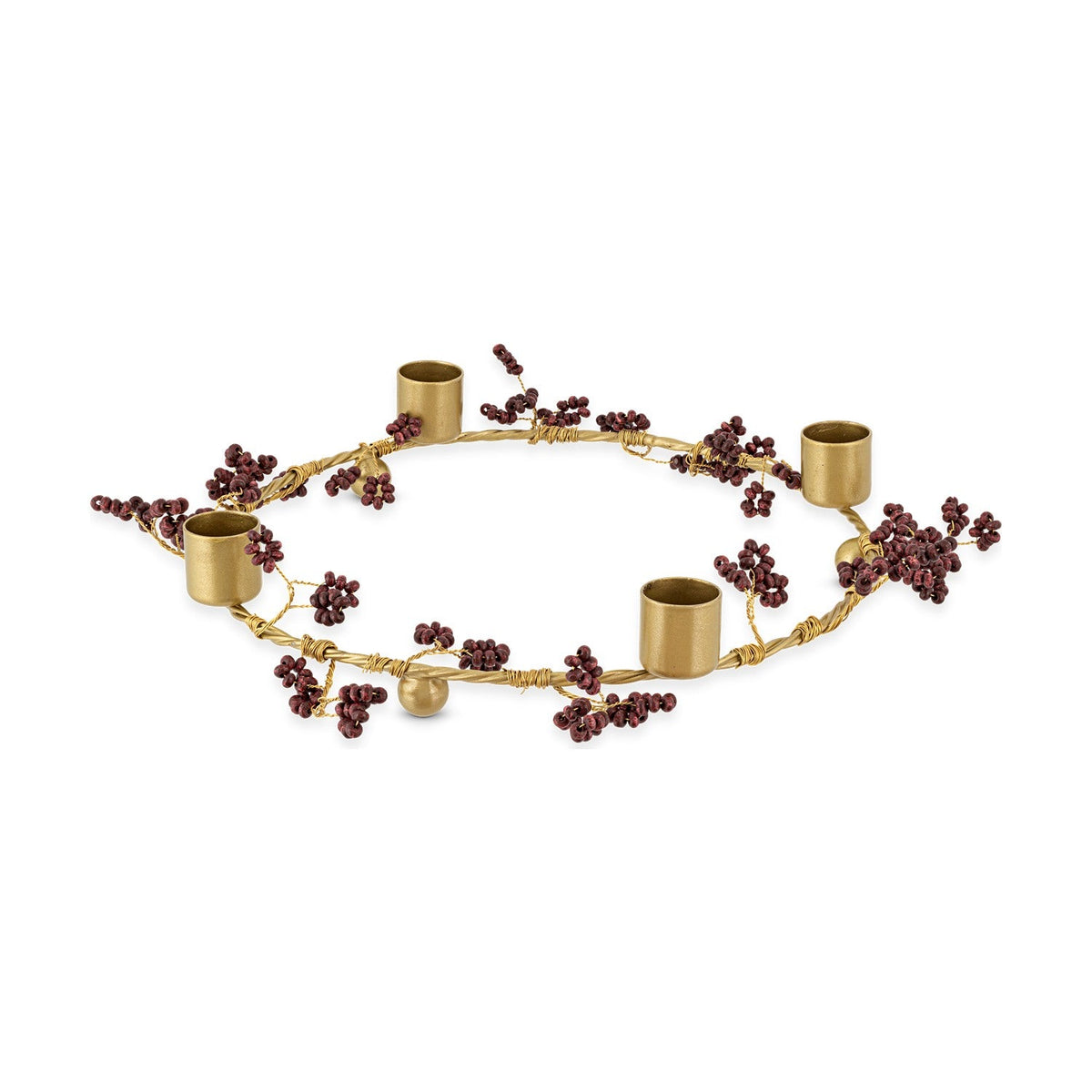 Tanu Mango Wood Christmas Candle Holder - Brass & Ruby