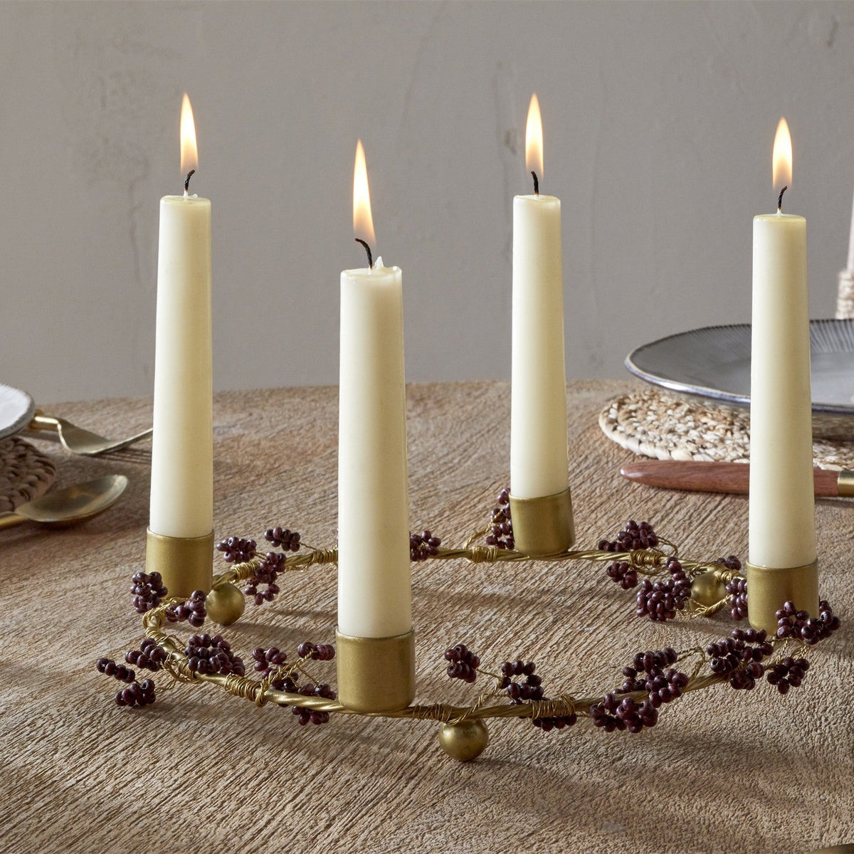 Tanu Mango Wood Christmas Candle Holder - Brass & Ruby