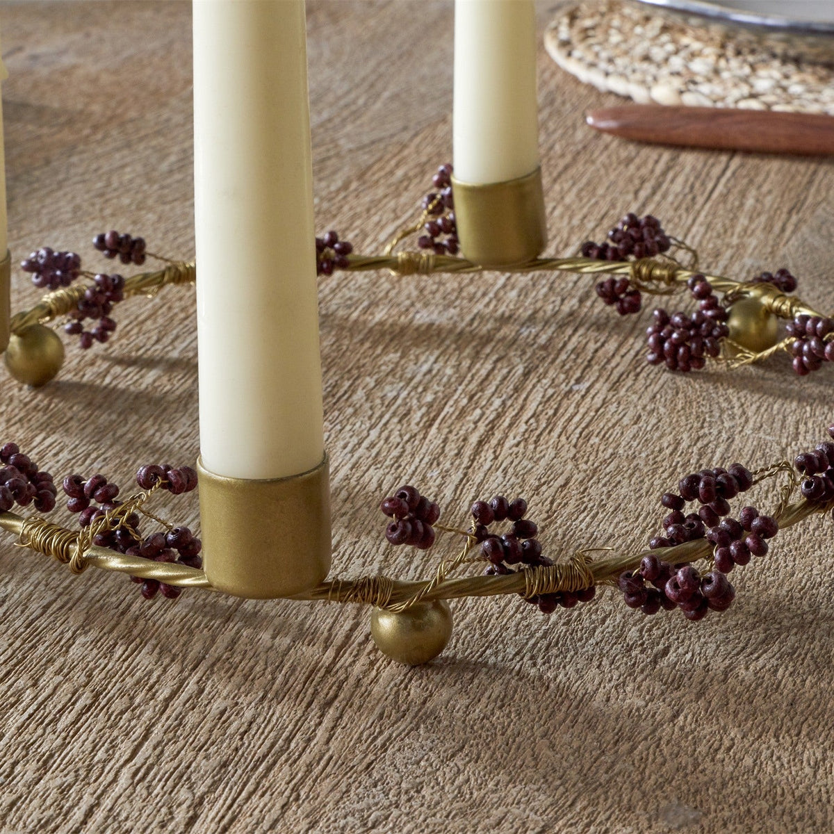 Tanu Mango Wood Christmas Candle Holder - Brass & Ruby