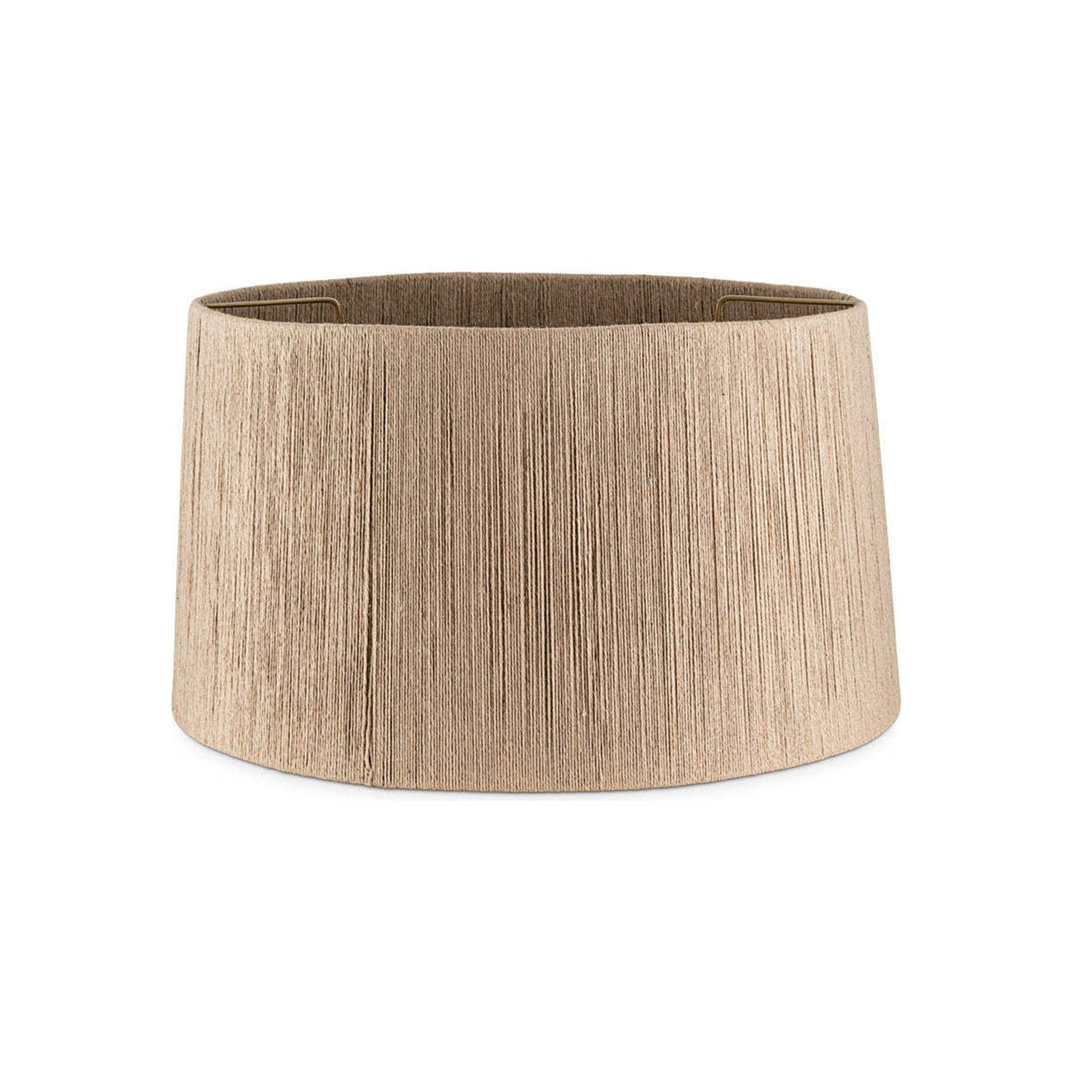 Tiwa Small Woven Jute Lampshade in natural straw-toned jute cord with a tapered drum shape, fine vertical ribbed texture, and visible brass fitting ring, on a plain white background.