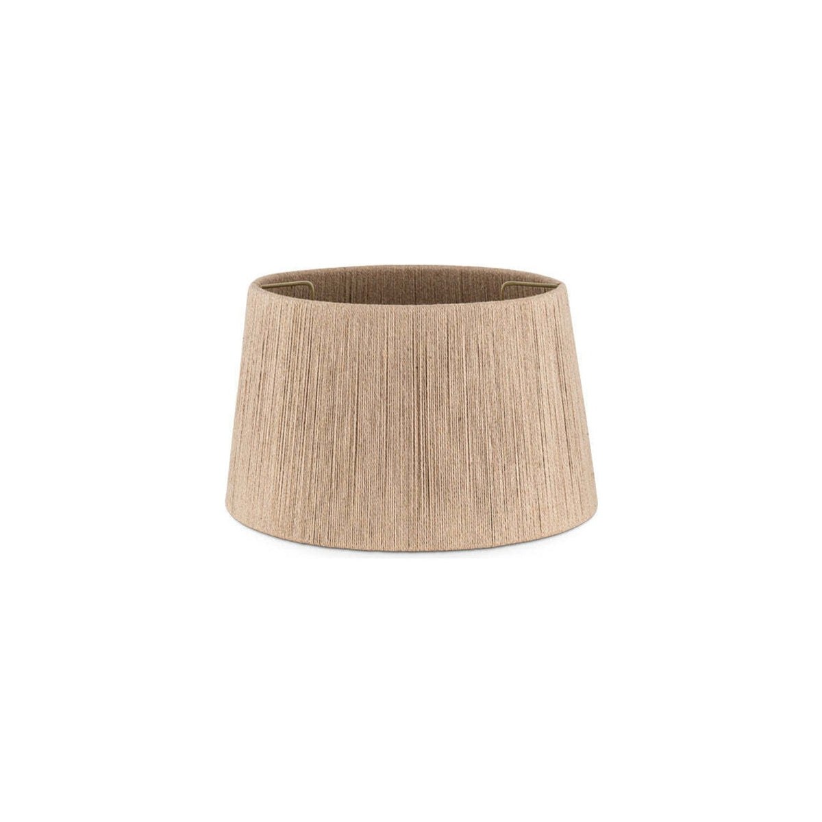 Tiwa Small Woven Jute Lampshade in natural straw, a tapered drum with fine vertical cord detailing and visible brass fitting ring, shown on a plain white background.