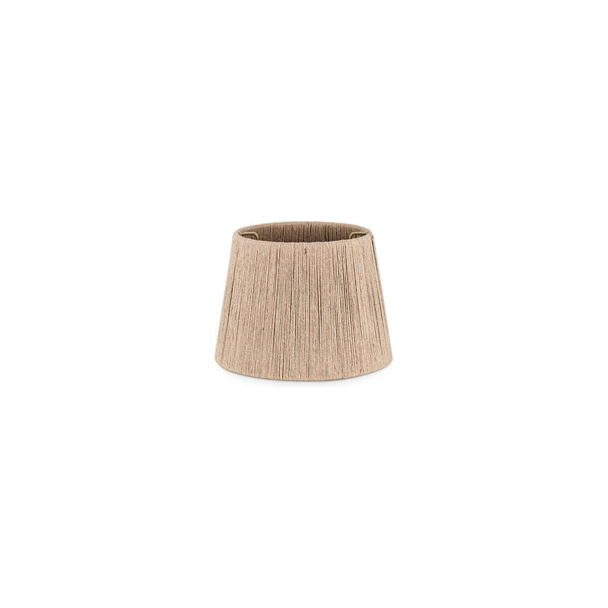 Tiwa Small Woven Jute Lampshade in natural straw-toned jute with vertical corded texture and a tapered drum shape, brass fitting ring visible inside the top rim, on a plain white background.