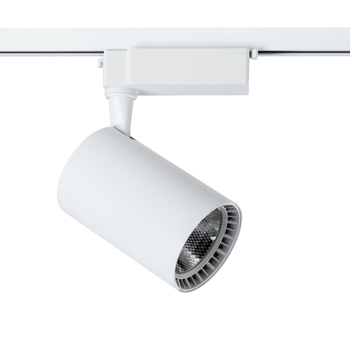 Vuoro LED single phase Unity track spotlight in white, shown in an off position, showcasing its minimalist look.