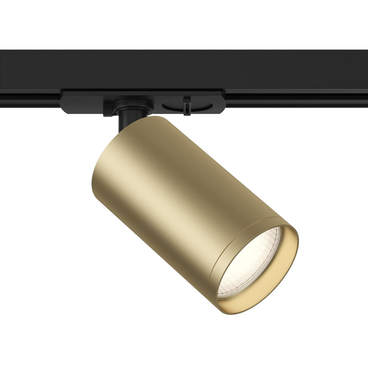 Focus S single phase Unity track spotlight in black and matte gold, combining luxury and functionality in a modern lighting solution.