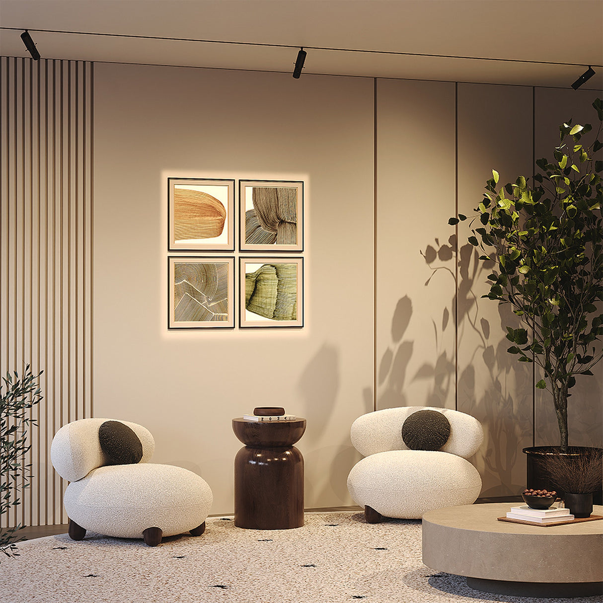 A modern living room with two round, white armchairs featuring black cushions, flanking a small dark wooden side table. Four abstract art pieces adorn the beige wall, illuminated by a Gala LED Magnetic Exility Track Spotlight 10W 3000K - Black. A potted plant and round coffee table complete the decor elegantly.