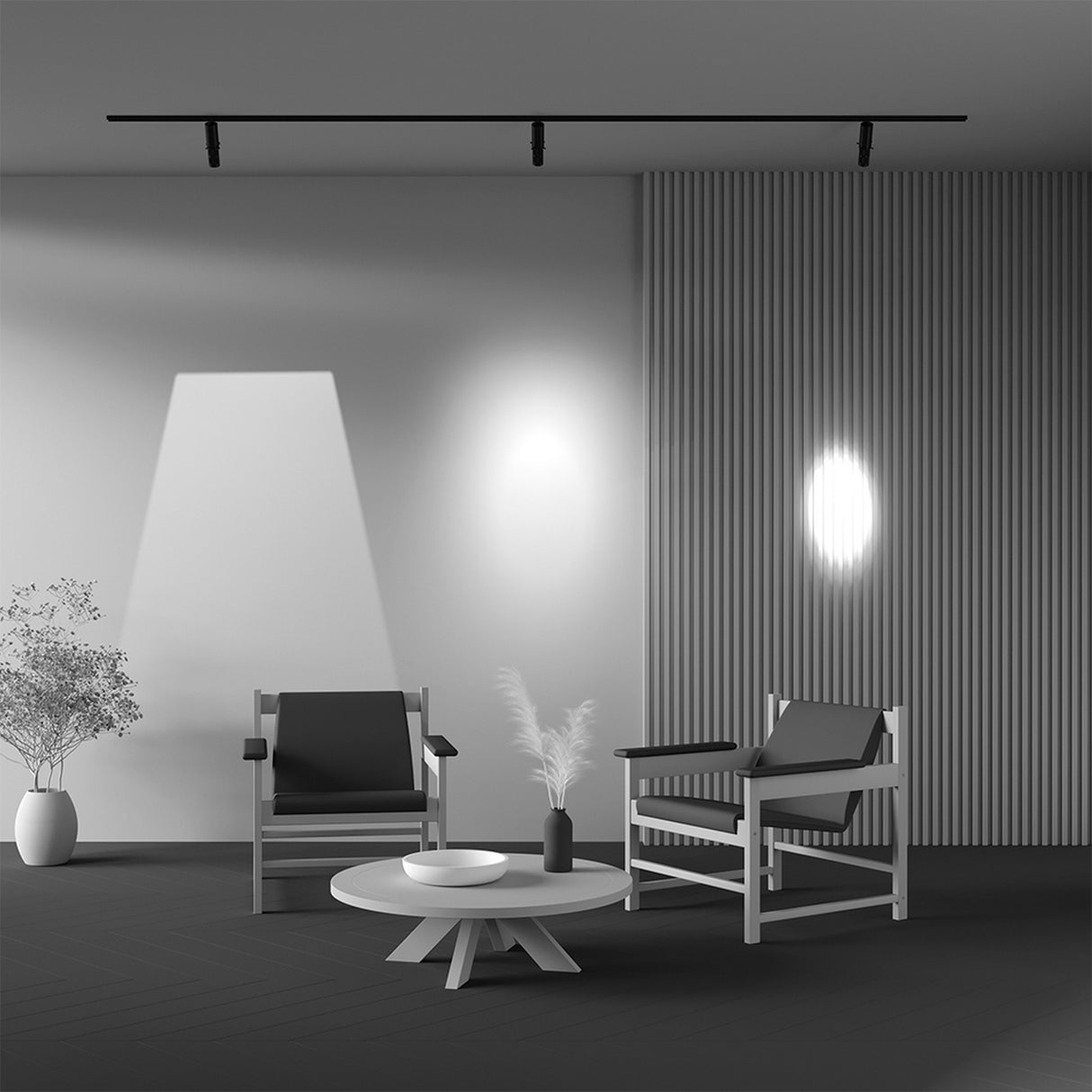 A minimalist black and white room has two modern chairs with black cushions, a round coffee table with a vase, and decorative plants. Vertical slats and Gala CCT Dimmable LED Magnetic Exility Track Spotlights enhance the serene ambiance with strategic lighting.
