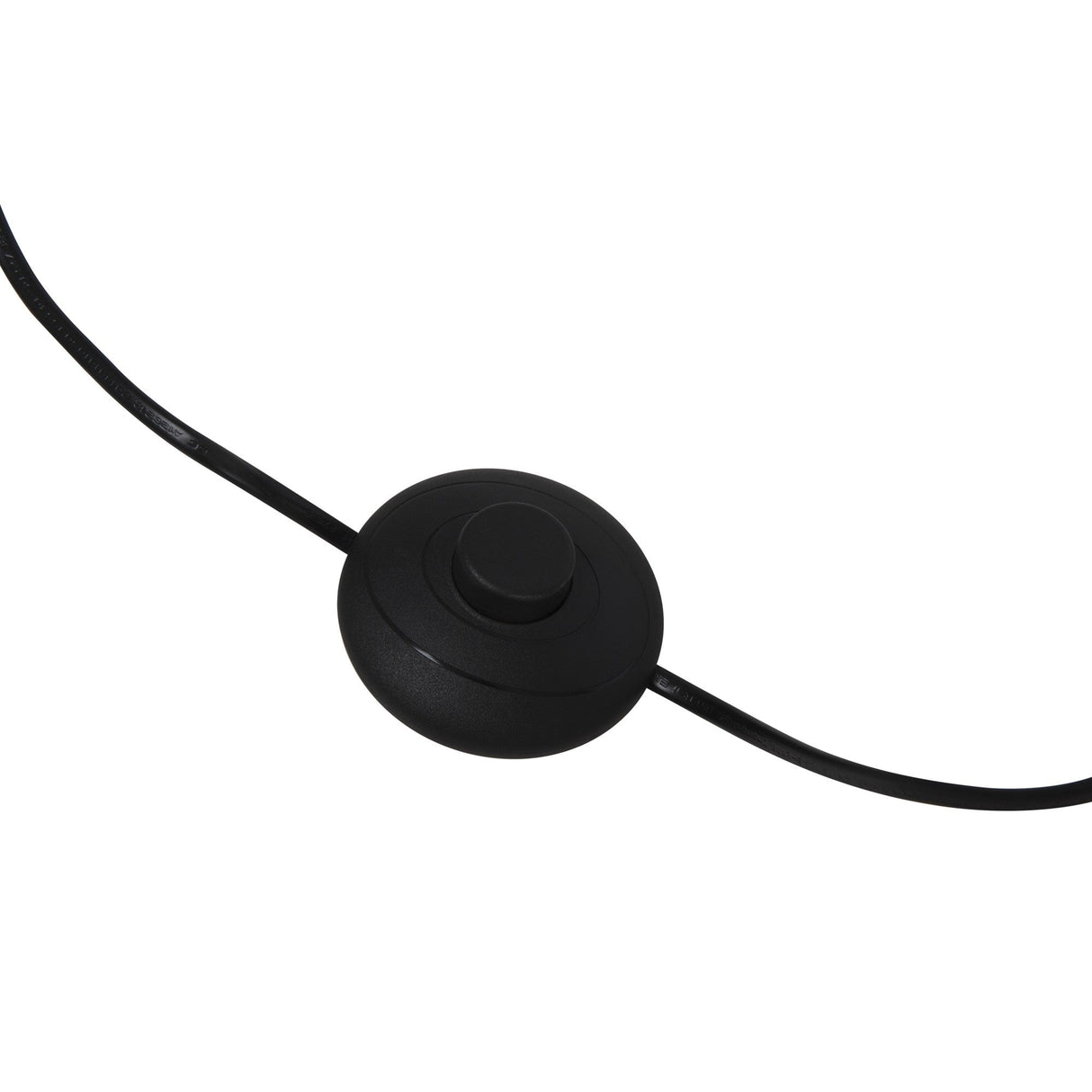 The Flow LED Floor Lamp - Black features a round black foot switch with a central button, attached to a horizontal black cord, all set against a white background.