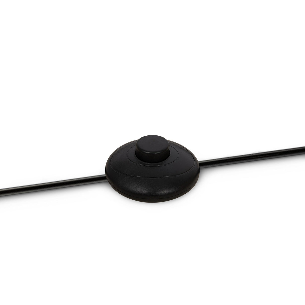 The Memory Floor Lamp in black features a round black foot switch with a central button, attached to a black power cord. Its simple design fits modern aesthetics, ideal for device control like floor lamps, against a plain white background emphasizing its sleekness.