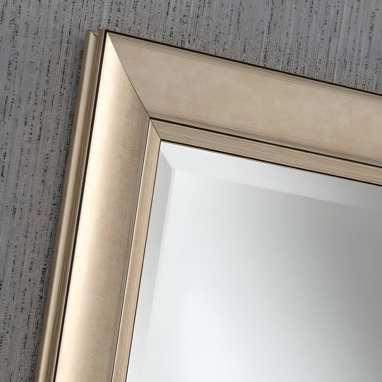 A close-up of the Tivoli Rectangle Wall Mirror - Champagne showcases its beveled edge and sleek champagne frame against a textured gray wall, enhancing sophistication in various interior styles.