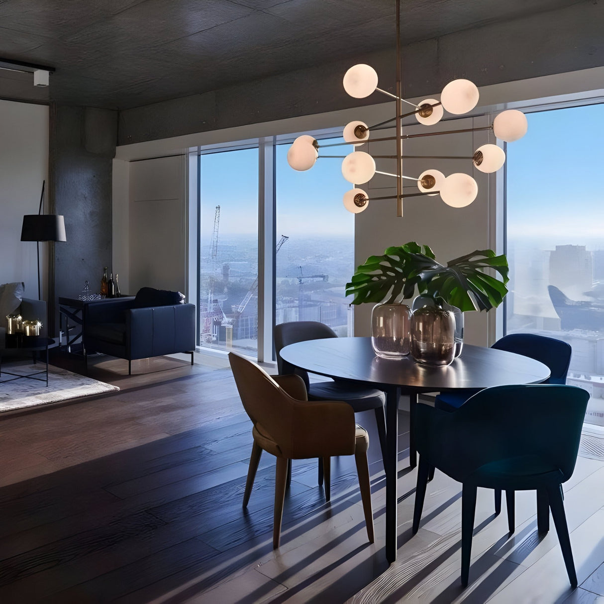 A modern high-rise apartment with large windows, city views, a round dining table with mixed chairs, stylish decor, and the Tortora 10 Light Suspension in gold as a geometric chandelier centerpiece.