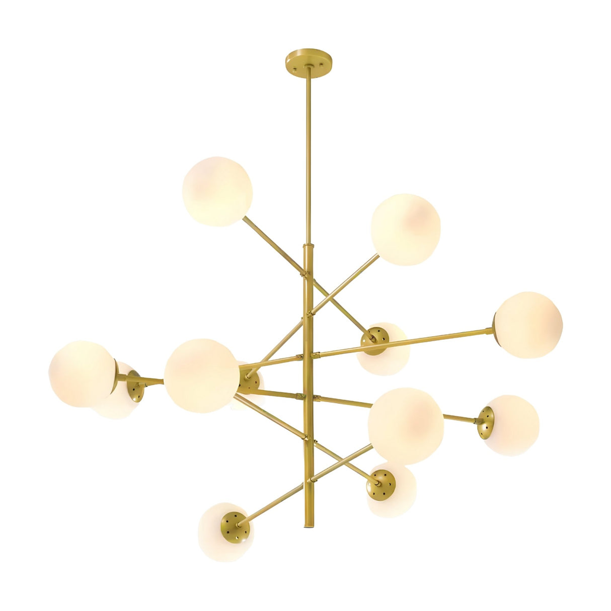 The Tortora 10 Light Suspension - Gold is a modern chandelier with a gold finish and geometric design, featuring multiple arms with frosted white globe bulbs, suspended from the ceiling.