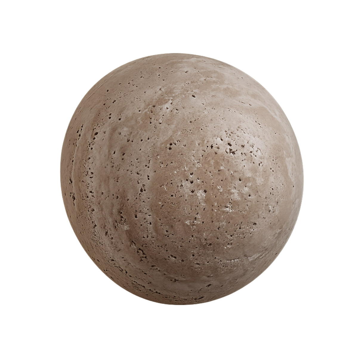 The Velora LED Spherical Travertine Wall Light in light beige features a round, stone-like design with small holes and natural irregular spots, resembling weathered rock, displayed against a white background.