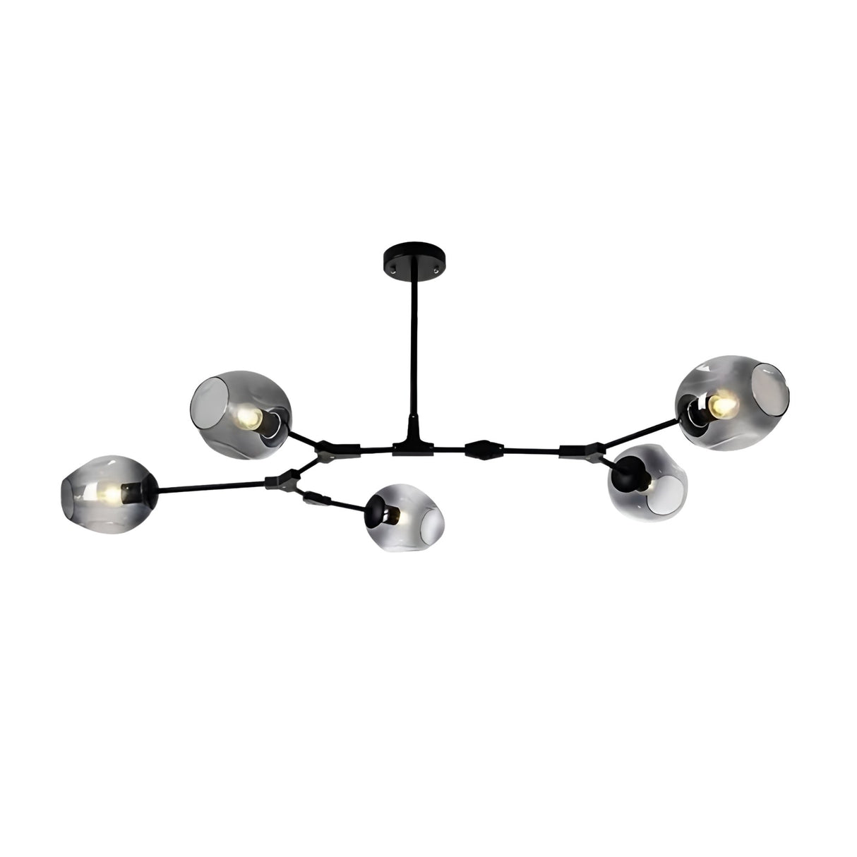 The Tree 5 Light Suspension - Black features five adjustable arms inspired by branching forms, each with a smoked glass globe on a black base, offering minimalist, modern elegance for your ceiling.