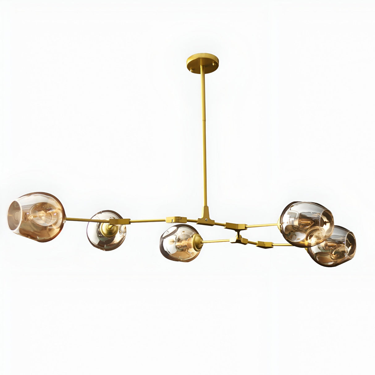 Niori Tree 5 Light Suspension in gold with five amber glass shades on curved metal arms extending from a central ceiling-mounted rod, on a white background.