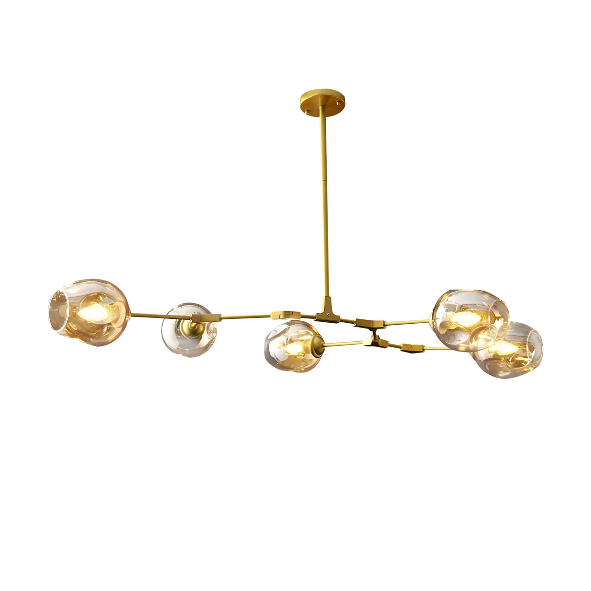 The Tree 5 Light Suspension - Gold features five glass globe lampshades on angled arms, suspended from a single rod. This modern gold pendant light adds a touch of luxury to any space.