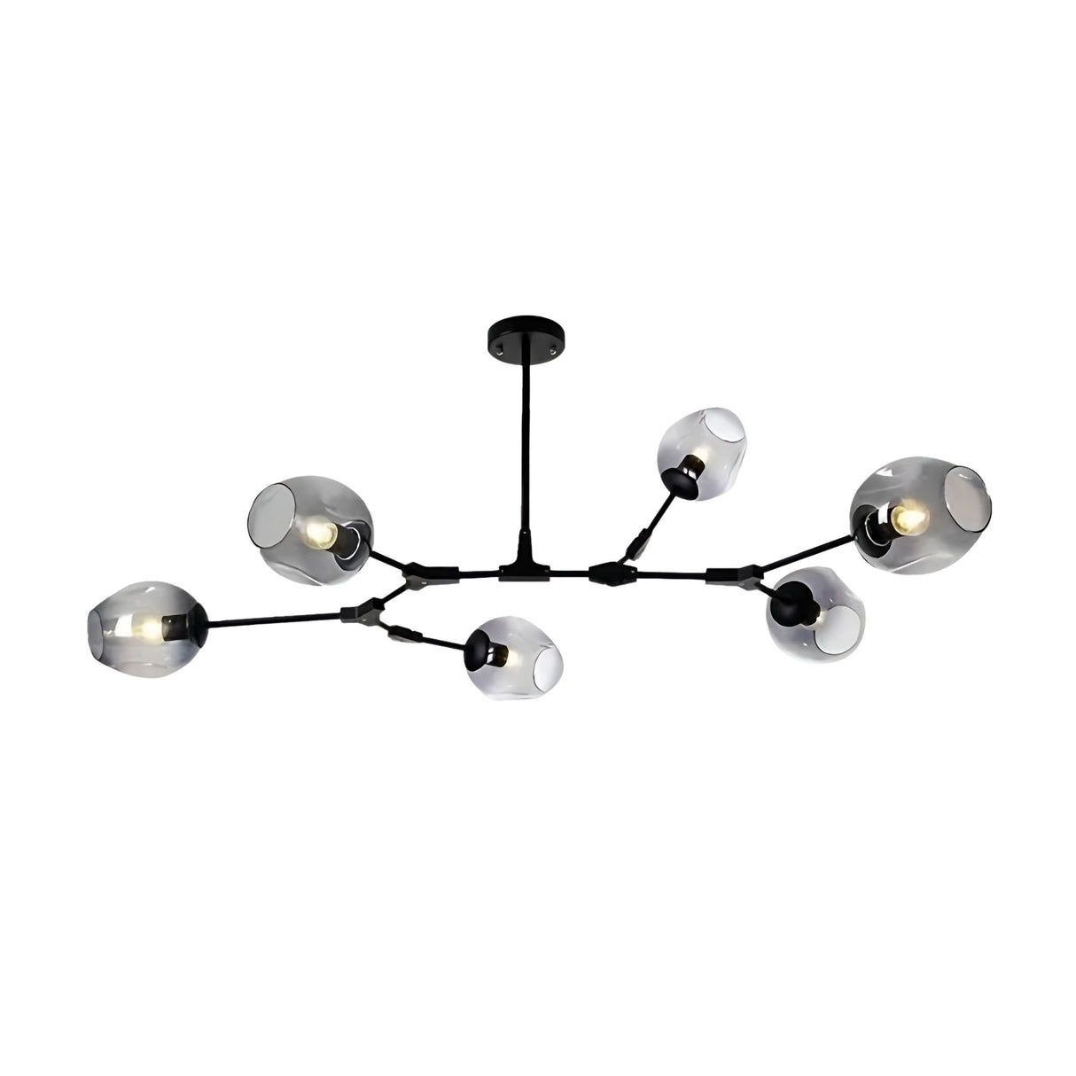 The Tree 6 Light Suspension - Black features six arms with clear, rounded glass shades and a modern black finish, offering sophisticated illumination when suspended from its central stem.