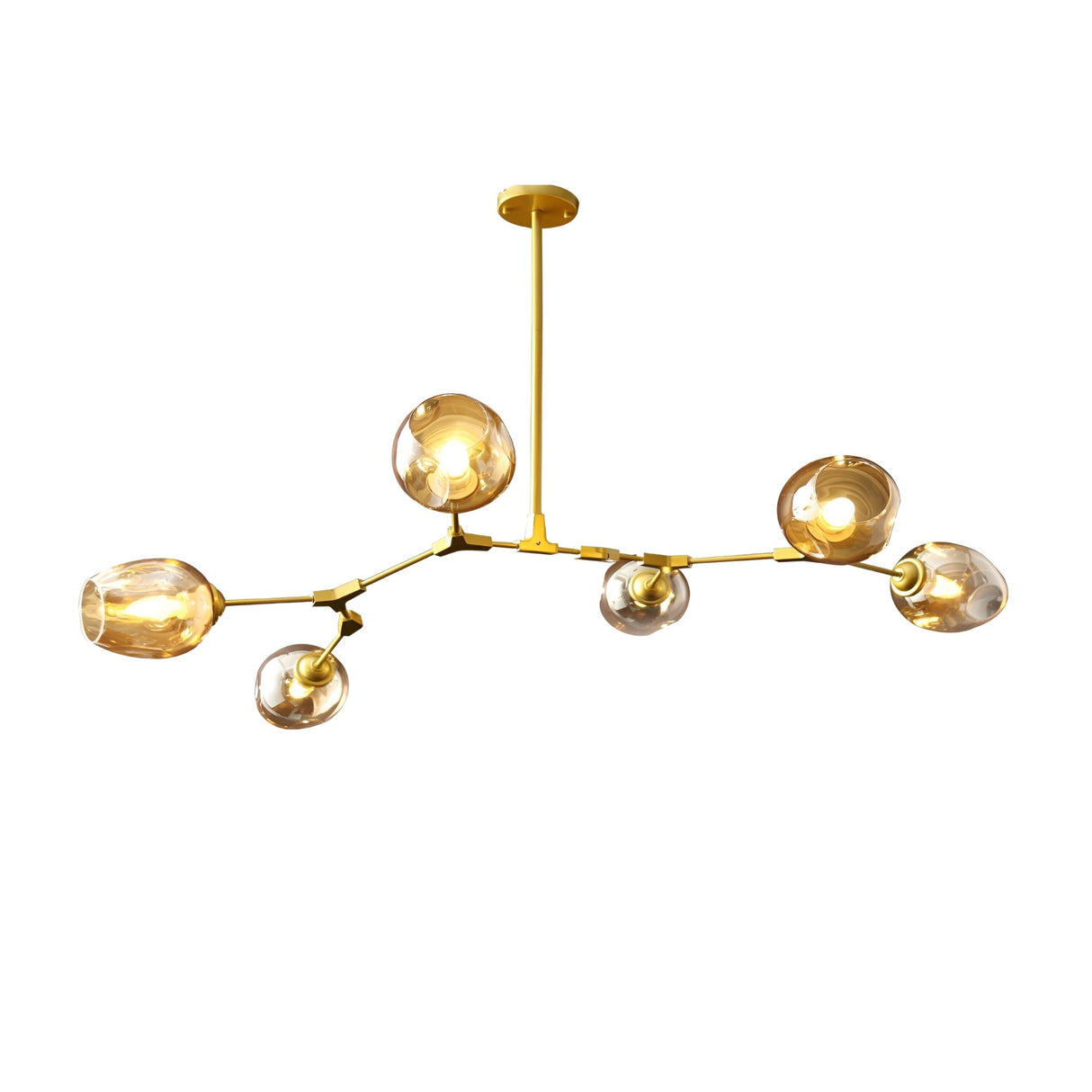 The Tree 6 Light Suspension - Gold features a striking branching design with six exposed bulbs in round glass shades and a gold metal frame, making it a luxurious chandelier ideal for modern interiors.
