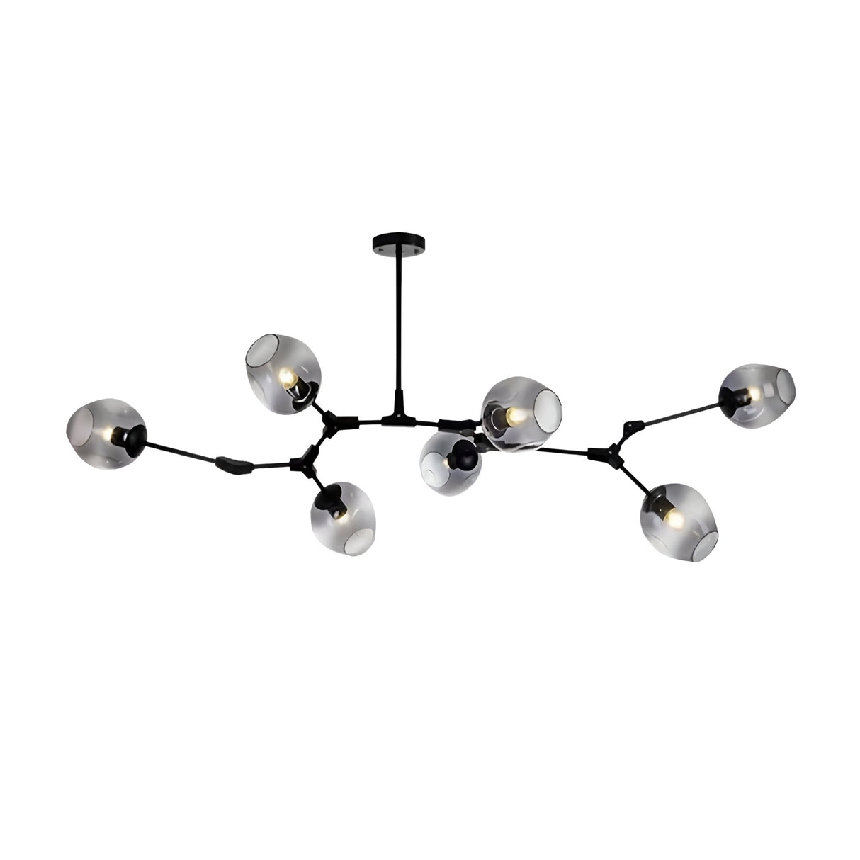 The Tree 7 Light Suspension - Black is a modern chandelier with seven arms, each featuring a smoky glass globe shade and gold accents, elegantly suspended from the ceiling.