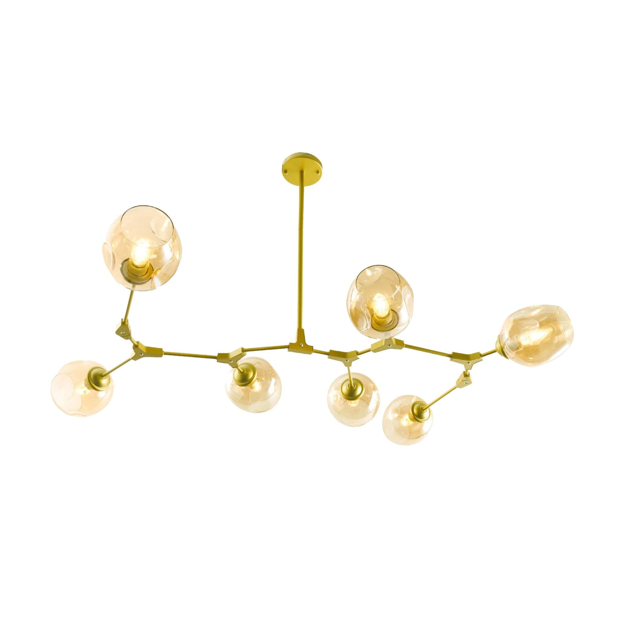 The Tree 7 Suspension Light - Gold features seven adjustable arms, each with an amber glass globe, elegantly suspended from a central rod. This modern chandelier uses E27 bulbs for stylish and functional lighting.