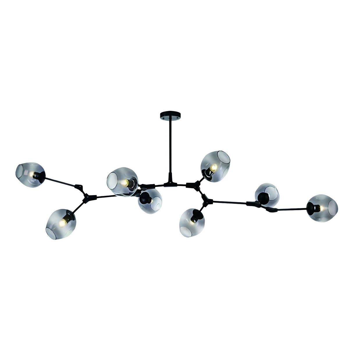 The Tree 8 Light Suspension - Black is a modern chandelier with a matte black finish, multiple arms, and smoky glass globes with exposed bulbs, creating a stylish branching structure.