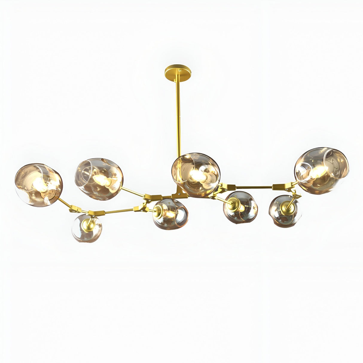 The Tree 8 Light Suspension - Gold is a modern chandelier with eight exposed bulbs, round glass shades, and an elegant central rod—ideal for luxury interior lighting.