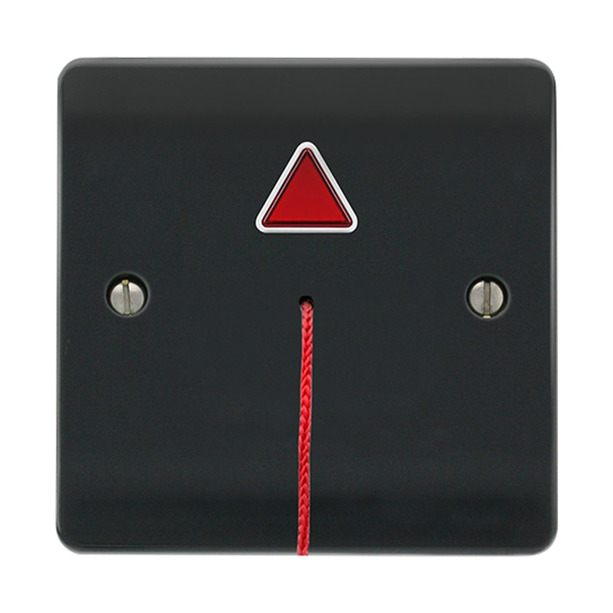 ESP Beacon accessible toilet alarm pull cord module in grey with red triangular LED indicator and red pull cord on a plain white background.