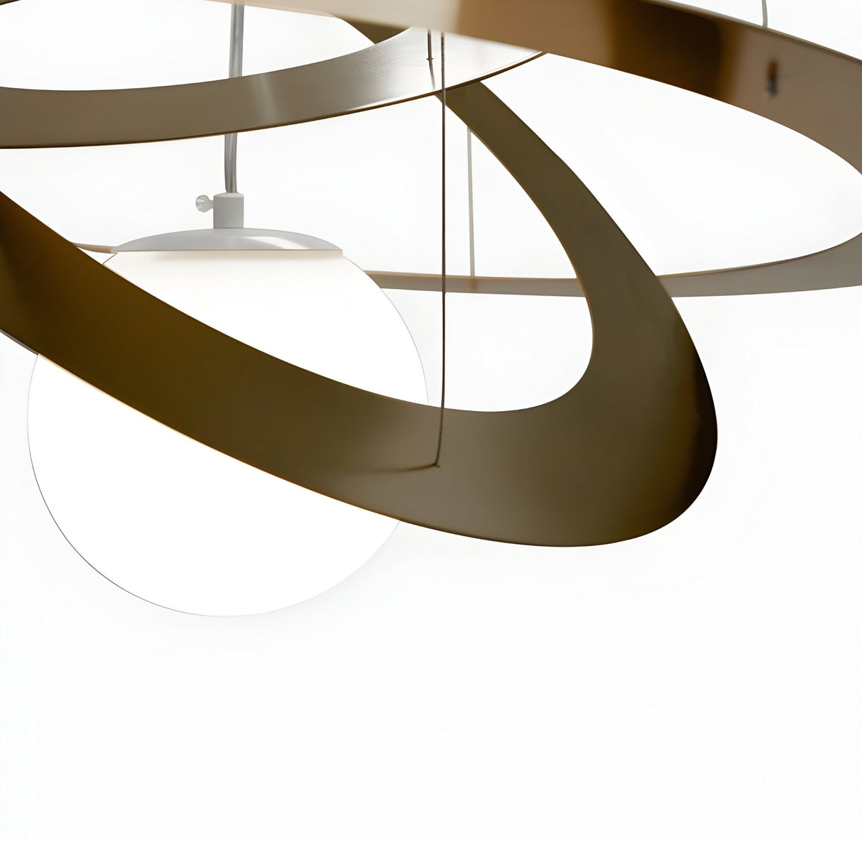 The Universe LED Suspension Light - Bronze features overlapping metallic rings and a spherical white lamp in an orbit-inspired design, adding a contemporary touch to any space. Set against a bright white background.
