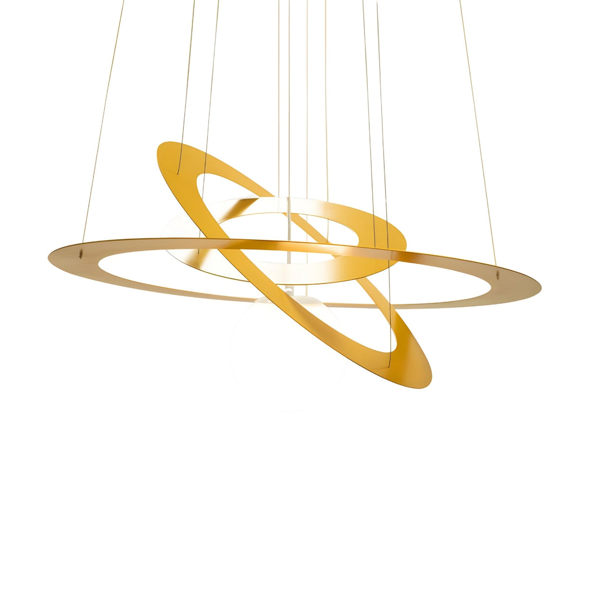 The Universe LED Suspension Light in matte gold showcases three intersecting rings and a central white sphere, suspended by thin wires—ideal for enhancing modern interiors with a sleek, contemporary statement.