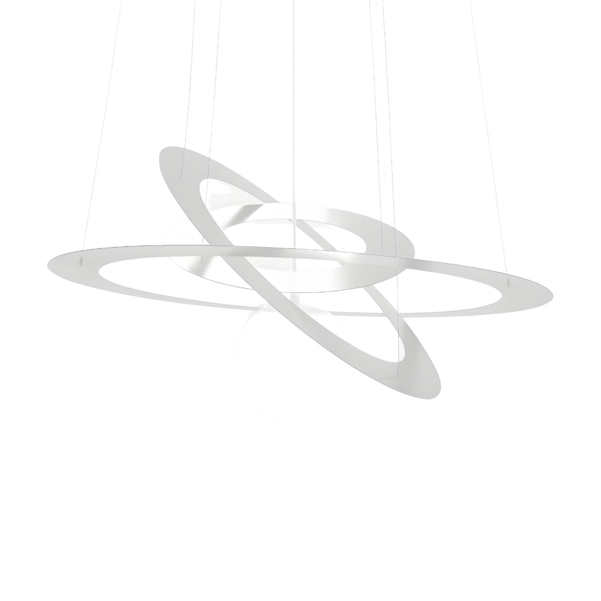 The Universe LED Suspension Light - Matte White features three interlocking circular rings suspended by thin wires, creating a modern look inspired by planetary orbits.