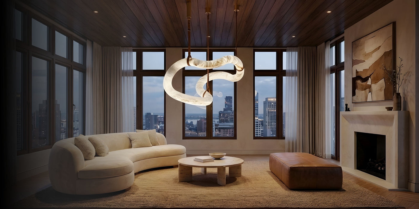 Modern living room with modern spanish alabaster chandelier in the middle.