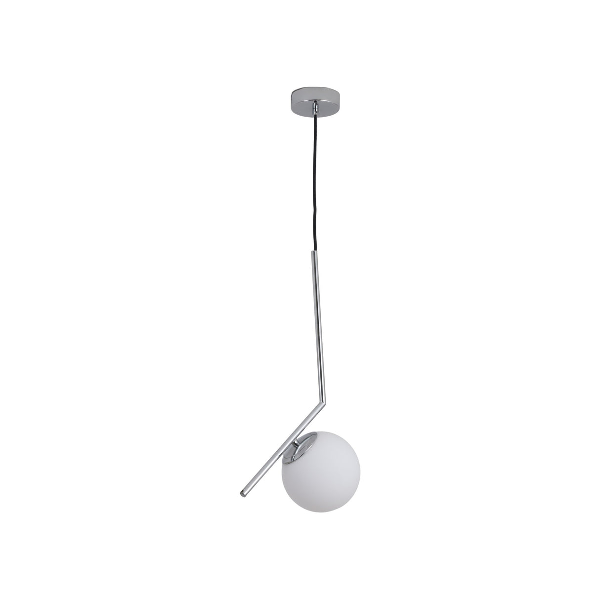 The Vetra Opal Glass Small Pendant Light - Grey features a slim, angled chrome stem and white spherical glass shade. Hanging from a black cord and round mount, it embodies minimalist modern style for contemporary interiors.